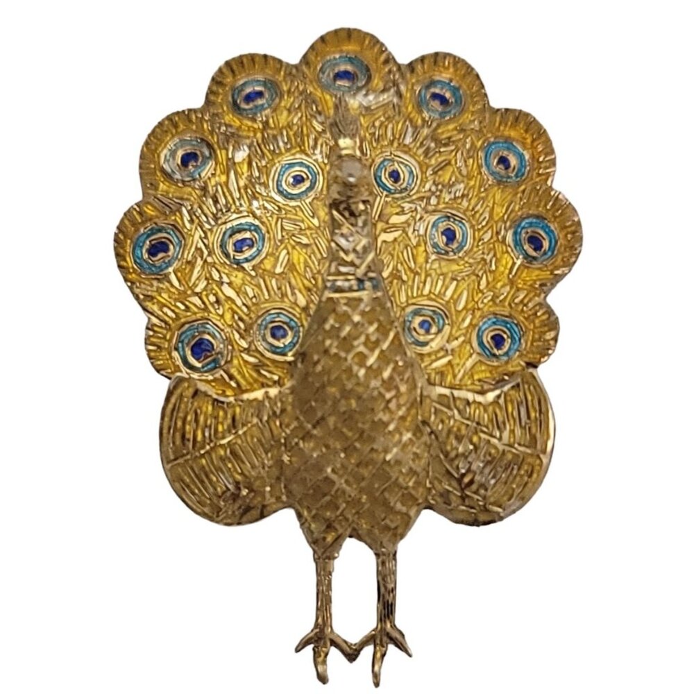 Sterling 925 Silver Gold Vermeil Yellow Blue Enamel Hinged Peacock Brooch K258